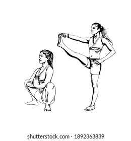 Set from young womans in yoga pose malasana and utthita hasta padangushthasana, hand drawn vector in line art of black. Yoga illustration vector