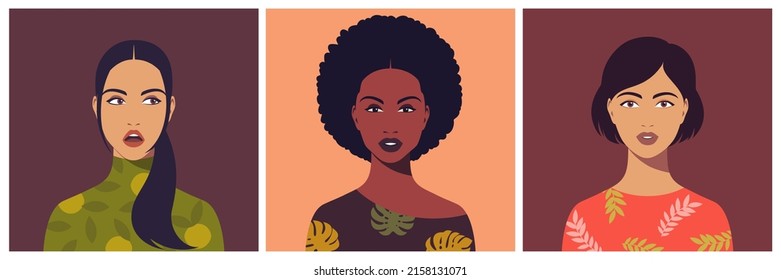 Set of young women. Abstract female portrait, full face. Avatar of girl for social networks. Stock vector illustration in flat style.