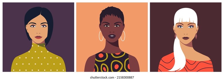 Set of young women. Abstract female portrait, full face. Avatar of girl for social networks. Stock vector illustration in flat style.