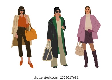 Set of young women in autumn outfits. Fashionable girls in street style outwear. Hand drawn vector illustration isolated on white background, modern flat cartoon style.