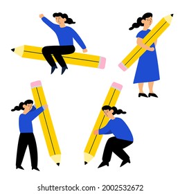 Set of young women with big yellow pencils. Vector illustration on white background. 