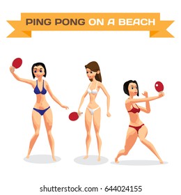 Set of young women in bikini with racket for table tennis. Girls in a swimsuit on the beach play ping-pong. Flat isolated vector illustration