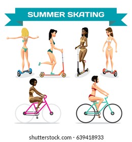 Set of young women in a bikini is riding a gyroscope, kick scooter, bicycle. Summer skating. Vector flat cartoon isolated illustration