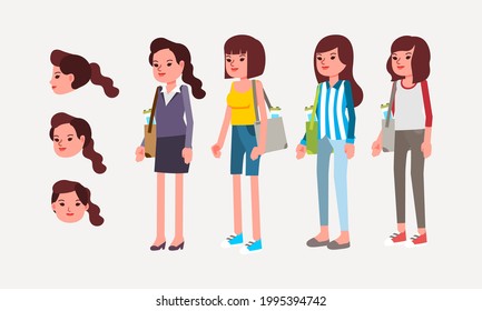 set of young women character with different clothes and hairstyles bring toteba gwith many stuff inside the bag. used for avatar adn other