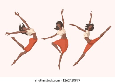 Set of young women dancing. Vector illustration. Isolated background