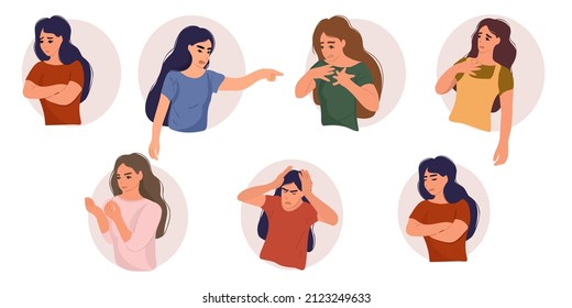 Set of young women with different expression of emotions. Resentment, disappointment, anger, resentment, surprised and astonished cartoon style vector illustration