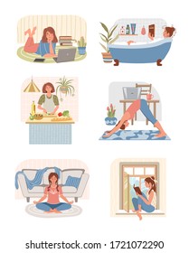 Set of young women doing different home activities: working, studying, doing exercises, cooking, takes a bath, meditating, reading a book in modern interior. Stay home concept.  Happy people at home