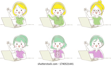 Set of young women doing telework with laptop