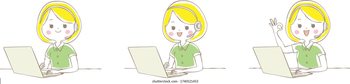 Set of young women doing telework with laptop