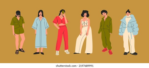 Set of young women dressed in stylish trendy clothes. Fashion look. Female models standing in various poses. Different clothing. Cartoon style. Fashionable ladies. Hand drawn Vector illustration