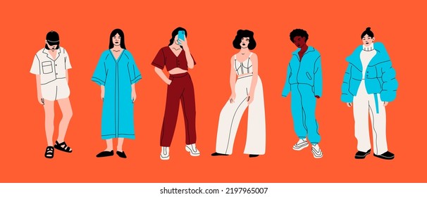 Set of young women dressed in stylish trendy clothes. Fashion look. Female models standing in various poses. Different clothing. Cartoon style. Fashionable ladies. Hand drawn Vector illustration