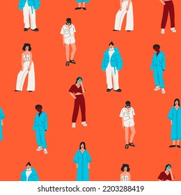 Set of young women dressed in stylish trendy clothes. Fashion look. Female models standing in various poses. Different clothing. Cartoon style. Fashionable ladies. Hand drawn Vector seamless Pattern