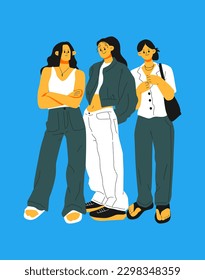 Set of young women dressed in stylish trendy clothes. Fashion look. Female models standing in various poses. Different clothing. Cartoon style. Fashionable ladies. Hand drawn Vector illustration.