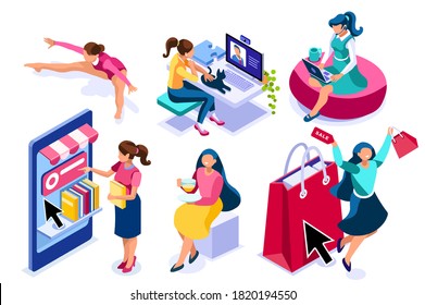 Set of young women eating, sporting and shopping. Activities of life on leisure. Working and relaxing doing the work of the life. Shopping, eating character. Collection flat people vector illustration