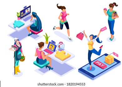 Conjunto de mujeres jóvenes comiendo, haciendo deporte y comprando. Actividades de la vida en el ocio. Trabajar y relajar haciendo el trabajo de la vida. Comprar, comer carácter. Ilustración vectorial de personas planas de colección