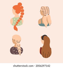 A set of young  women with elegant hairstyle. Rear view. Beauty salon concept. Creative color and cut.