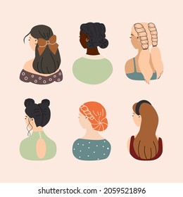 A set of young women with elegant hairstyle. Rear view. Beauty salon concept. Creative color and cut, wedding style, blow dry and styling. 