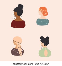 A set of young  women with elegant hairstyle. Rear view. Beauty salon concept. Creative color and cut.