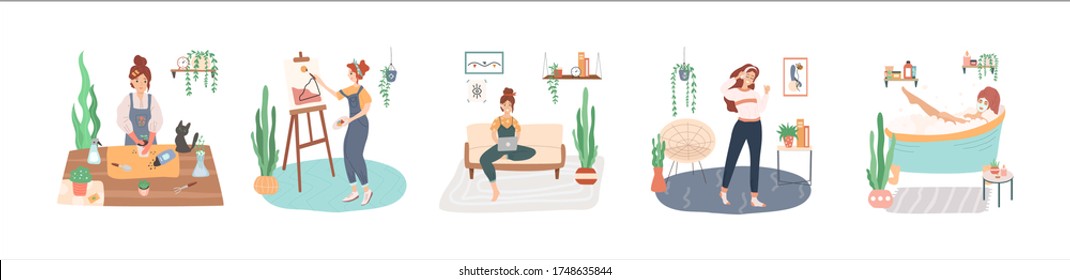 Conjunto de mujeres jóvenes que disfrutan de su tiempo en casa, actividades de ocio y pasatiempos - cultivo en el jardín, toma spa en casa, pintura, trabajo a distancia, baile. Ilustración vectorial plana aislada.