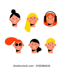 Set Of Young Women Faces, Female Avatar - Cute Girl Characters With Headphones, Glasses, Sunglasses - Flat Vector Illustration