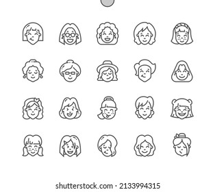 Set of young women faces. Female portrait avatar. Girl, woman style. Pixel Perfect Vector Thin Line Icons. Simple Minimal Pictogram