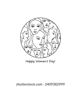 Set of young women faces  made in thin line style vector. Graphic avatars. Sketch icons. Different characters. Easy to use for social media or web site. Women`s day.