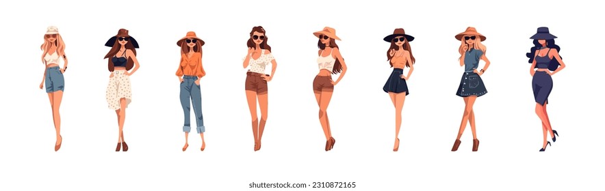 Set of young women, flat cartoon isolated on white background. Vector illustration