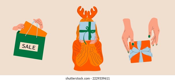 Set of Young women with Gift. Fashion beautiful Ladies enjoying shopping. Discount, Sale, black friday, marketing, purchasing, mall concept. Hand drawn colorful isolated Vector illustrations