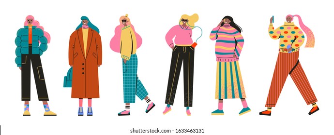 Set Young Women Girls Dressed Trendy Stock Vector (Royalty Free ...