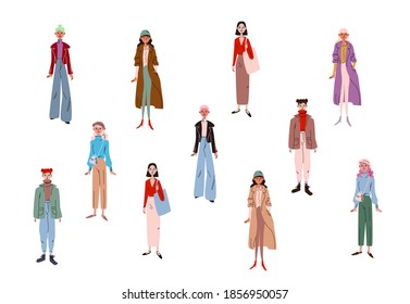 Set of young women. Group of diverse girls with casual trending clothes on a white isolated background. Vector stock colorful illustration in cartoon style.

