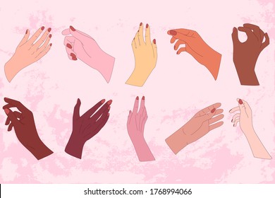 Set of young women' hands. Social diversity. Simple vector style. Illustration for poster, concept, greeting card.