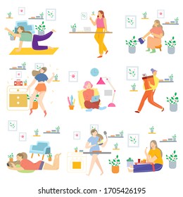 Set young women happy at home listening the music, dancing, practicing yoga, enjoying meditation, relaxing on sofa, reading books and in period of self and social distancing during covid 19 virus
