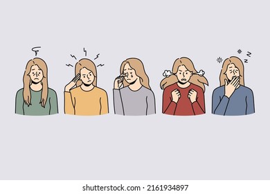 Set of young women having different symptoms and emptions of stress in life. Unhappy distressed females suffer from emotional or nervous breakdown. Flat vector illustration. 