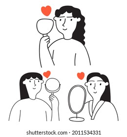 Set of young women holding hand mirror and smiling to herself. Love yourself. Outline vector illustrations on white background.