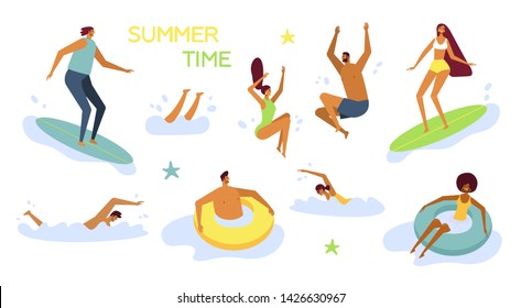 Set of young women and men have a fun time, play ball, swim, dive, surf and lie on floating air mattress. Collection on fun characters. Flat design, trendy style, minimal. Illustration white isolated