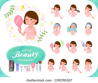 A set of young women on beauty.There are various actions such as skin care and makeup.It's vector art so it's easy to edit.