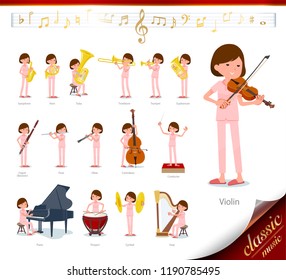 A set of young women on classical music performances.There are actions to play various instruments such as string instruments and wind instruments.It's vector art so it's easy to edit.