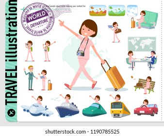 A set of young women on travel.There are also vehicles such as boats and airplanes.It's vector art so it's easy to edit.