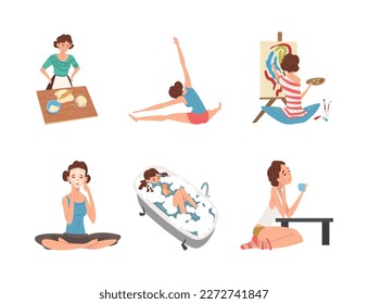 Set of young women performing leisure activities and doing hobbies set. Girl taking bath, painting, reading book, baking, drinking tea cartoon vector