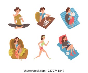 Set of young women performing leisure activities and doing hobbies. Girl reading fortunes on cards, embroidering, resting, knitting, doing sports cartoon vector