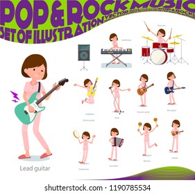 A set of young women playing rock 'n' roll and pop music.There are also various instruments such as ukulele and tambourine.It's vector art so it's easy to edit.