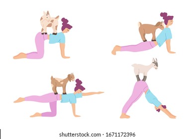 Set of Young women practicing goat yoga. Cute girl characters performing yoga with animals. Vector illustration isolated on white background. Warming up, stretching. Healthy lifestyle concept.
