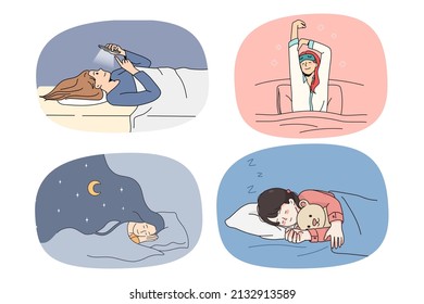 Set of young women in pyjama relax sleeping in cozy comfy bed at night. Collection of happy girl rest take nap daydream in bedroom at home. Fatigue and relaxation. Vector illustration. 