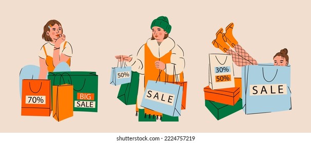 Set of Young women with Shopping bags. Fashion beautiful Ladies enjoying shopping. Discount, Sale, black friday, marketing, purchasing, mall concept. Hand drawn colorful isolated Vector illustrations