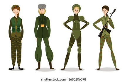 Set of young women soldiers in combat uniforms. Vector illustration in flat cartoon style.