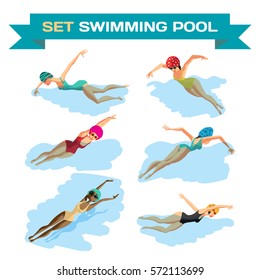 Set of young women in sports swimsuit swims in the pool. Flat cartoon isolated vector illustration