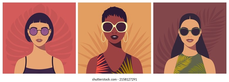 Set von jungen Frauen mit Sonnenbrille. Abstraktes weibliches Porträt, volles Gesicht. Avatar von Mädchen für soziale Netzwerke. Stock-Vektorgrafik im Flachstil.