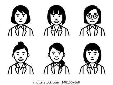 Set of young women upper body on white background. Vector illustration.
