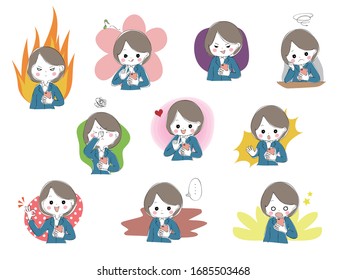 Set of young women wearing suits with various expressions while holding a smartphone
