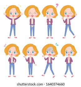 A set of young women with who express various emotions.It's vector art so it's easy to edit.